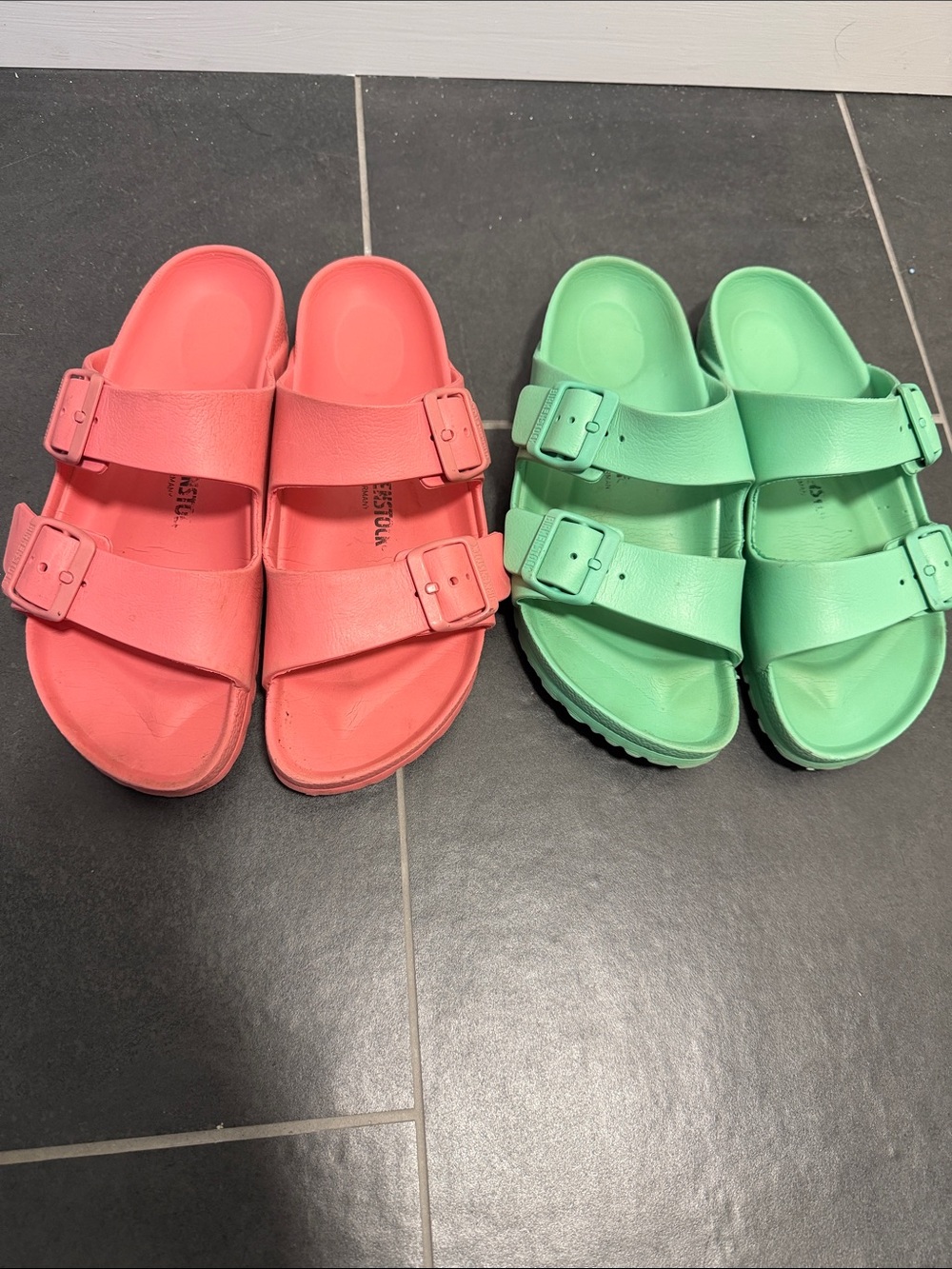 Set of 2- Birkenstock Sandals in Coral and Mint